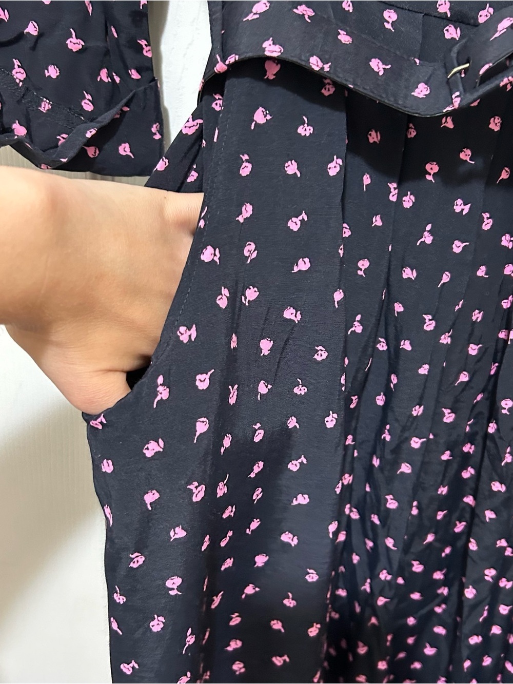 Vintage Black Pink Floral Dress Retro Belted Rayon The Traveler by Connie Sz 14 - Picture 6 of 7